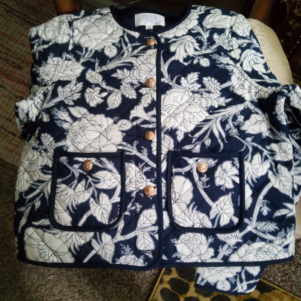 Time and Tru Navy and White Floral Quilted Blazer Jacket Size XXL (20)